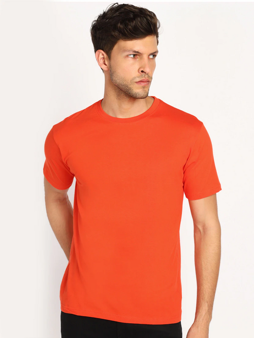 Men Solid Half Sleeves Round Neck Cotton Orange T-Shirt (Size L)