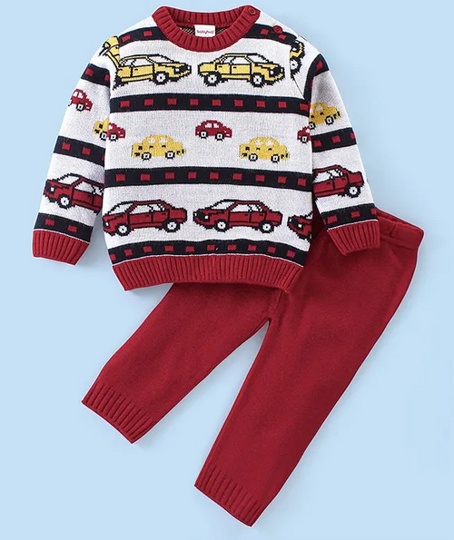 Knit Full Sleeves Car Print Sweater Sets (Size-1-2YEAR) (Color-MAROON)