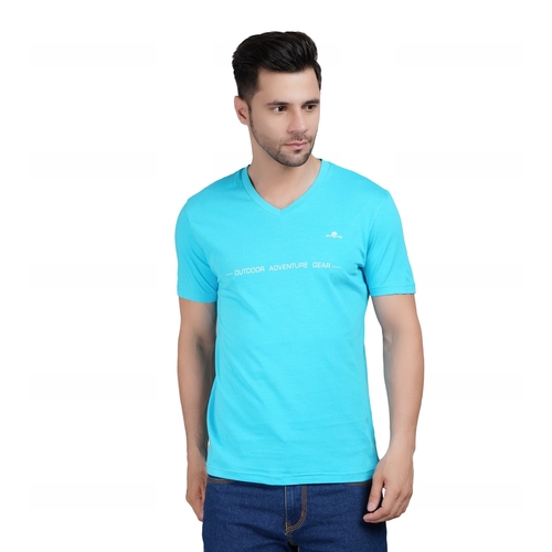 Men Printed V Neck Cotton Sky Blue T-Shirt (Size L)