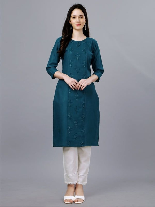 Women Embroidered Cotton Blend Formal Straight Kurti (Size-40)