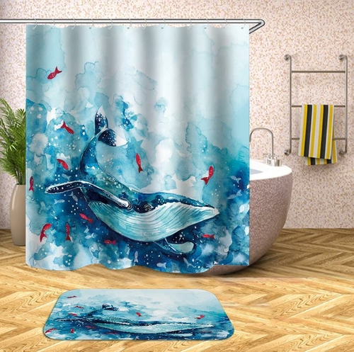 Turquoise And Blue Watercolor Whale Shower Curtain