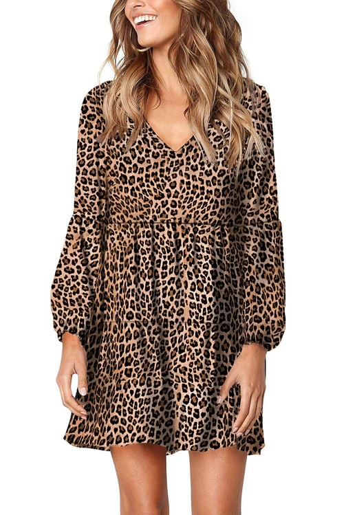 Leopard Ruffle V-Neck Flowy Loose Tunic Dress