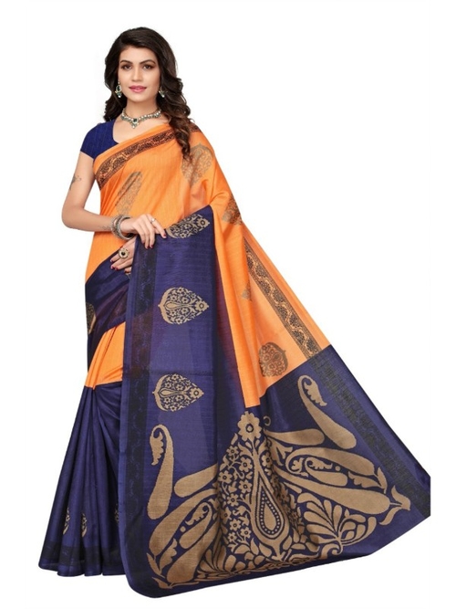 Printed Bhagalpuri Art Silk orange with Navy Blue