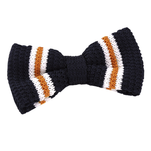 Knitted 3 Thin Stripe Bow Tie - Knitted Navy with Orange & White Thin