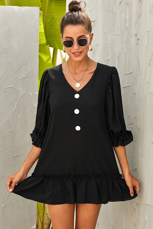 Black Casual Loose V Neck Short Swing Dress