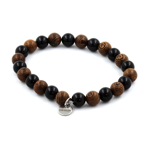 Black agate + wood Bracelet 8 mm Beads.