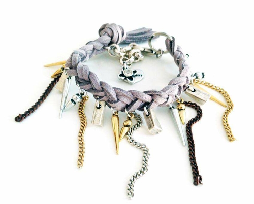 Charm bracelet with fringes, leather and Swarovski crystals. Boho chic