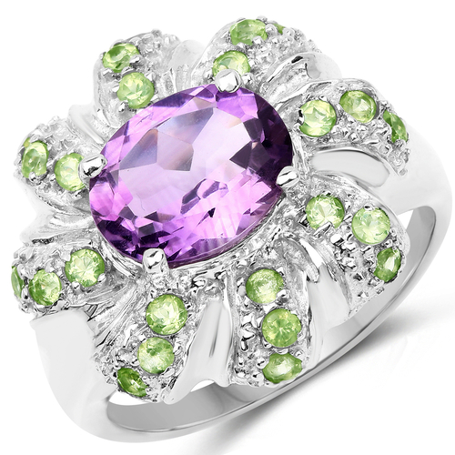 2.68 Carat Genuine Amethyst & Peridot .925 Sterling Silver Ring