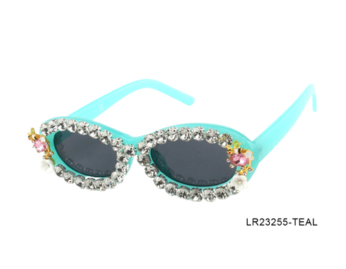 Round Teal Rhinestone Woman Sunglasses-LR23255