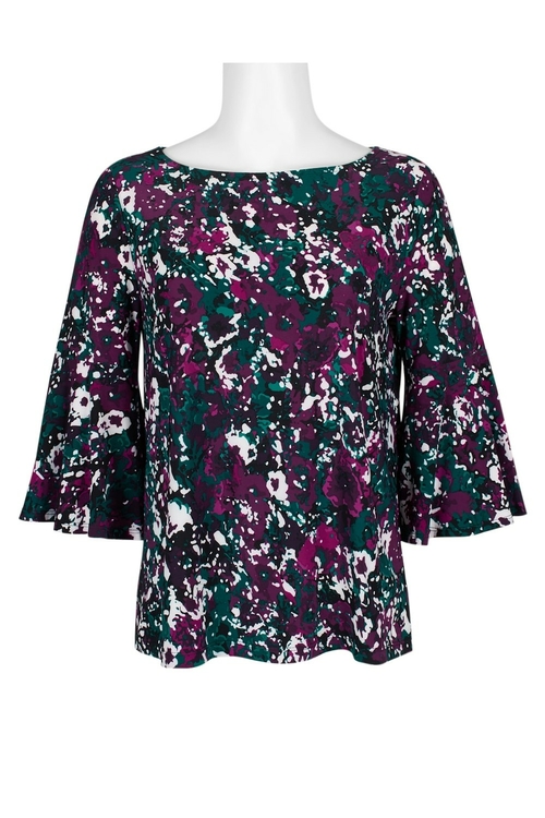 Evan Picone Boat Neck 3/4 Sleeve Mid Waist Multi Print Jersey Top
