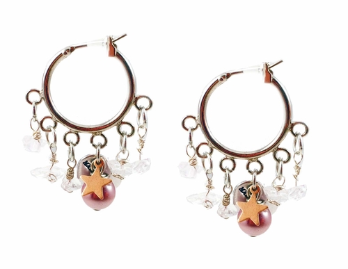 Rose quartz and pearls hoop earrings with star charm. Perfect for