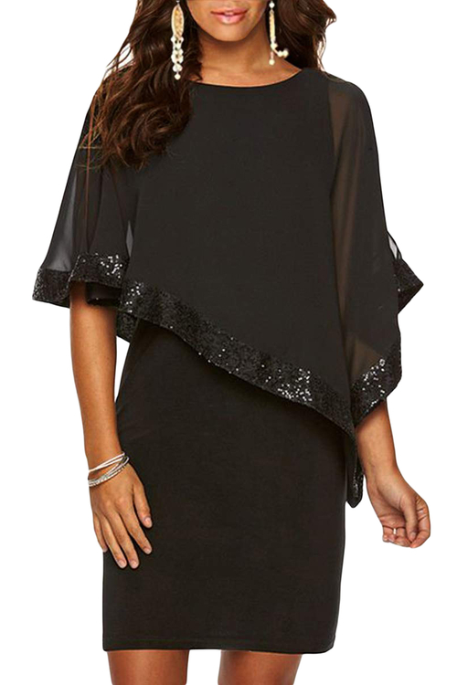 Black Sequined Poncho Mini Dress