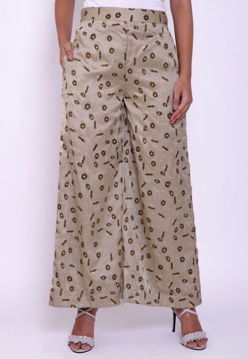 Printed Satin Palazzo in Light Beige (Size-38) (Color-BEIGE)