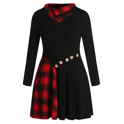  Plus Size Dress Women Plaid Patchwork