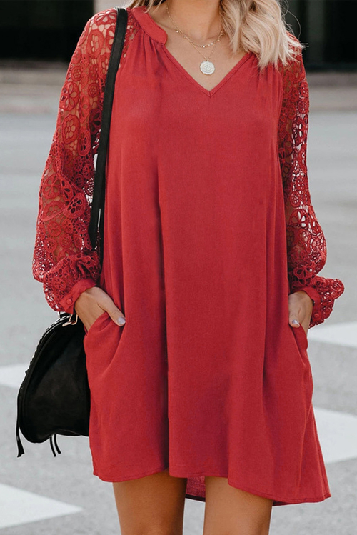 Red Lace Long Sleeves Shift Above Knee Dress