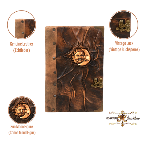 Leather Journal Notebook Sun and Moon Design 