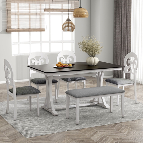 Mid-Century 6-Piece Trestle Table Set with Victorian Round Upholstered