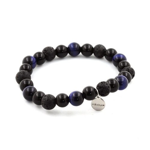 Blue Tiger's Eye + Lava + Black Agate Bracelet 8 mm Beads.