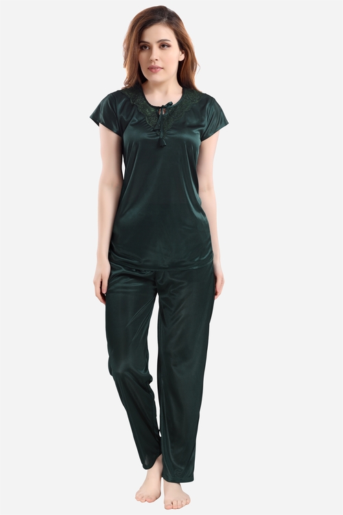 Romaisa Women's Satin Solid Green Regular Length Top and Pyjama