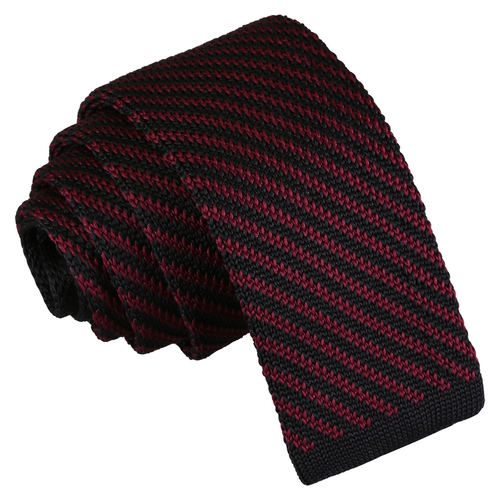 Diagonal Stripe Knitted Skinny Tie - Black & Burgundy