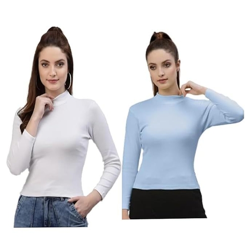 MULTICOLOR High Turtle Neck Fullsleeve Ribbed Tops for Women SIZE L