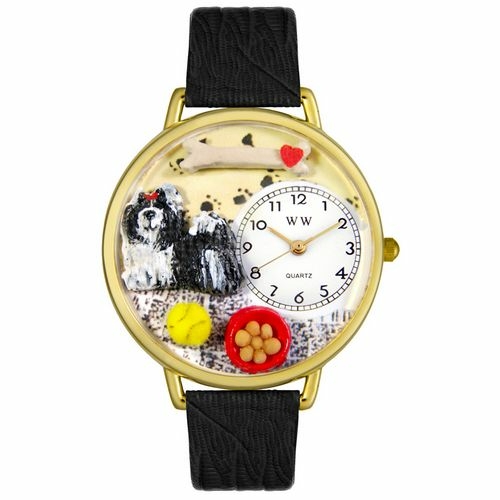 Whimsical Watches G0130069 Shih-Tzu Black Skin Leather And Goldtone Wa