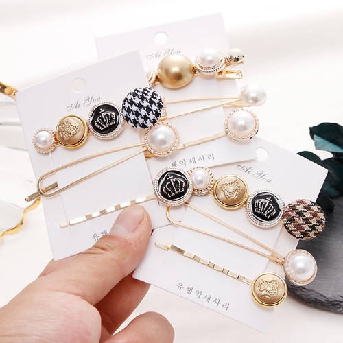 New 3PCS/Set Women Elegant Plaid Pearl Alloy