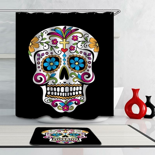 Colorful Sugar Skull Over The Black Shower Curtain