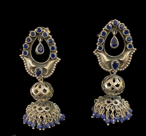 Blue Stone Flower Silver Studs with Jaali Jhumka