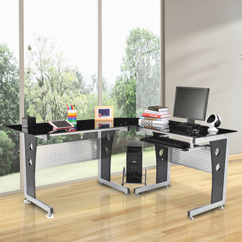 HOMCOM 64 inches Modern L-Shaped Glass Top Office Workstation Computer