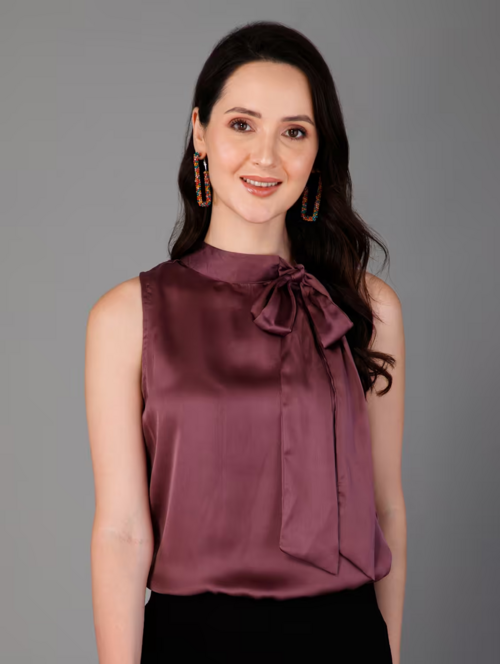 Women Tie Knot Neck Solid Top (Size-L) (Color-Purple)
