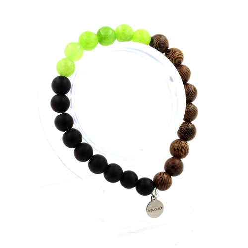 Peridot + Matte Black Onyx + Wood Bracelet 8 mm Beads.