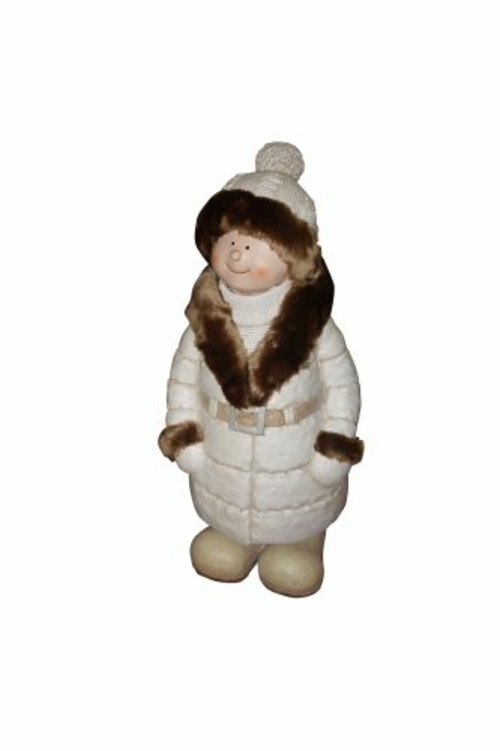 Alpine QWR584 28 in. Boy With White & Brown Coat & Hat Standing Statua