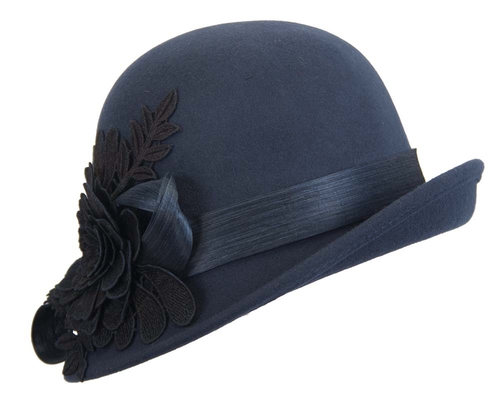 Navy felt cloche hat with lace