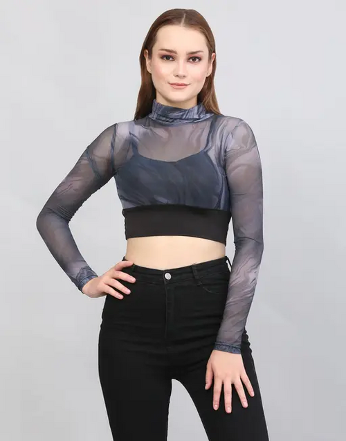 Solid Net Long Sleeves Tie & Dye Blue Crop Top 