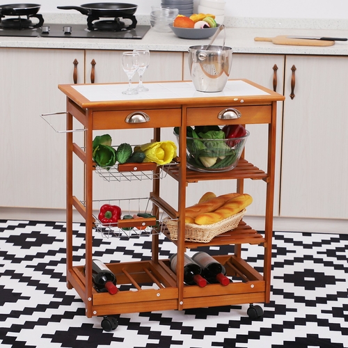 HOMCOM Rolling Kitchen Trolley Cart 4 Tier Storage Wooden Table Rack 2