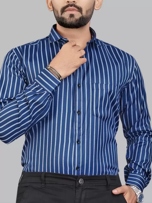Men Regular Fit Striped Spread Collar Formal Shirt Dark Blue (Size XL)