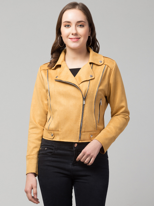 Women Classic Zipper Suede Biker Jacket (Color Mustard) (Size M)