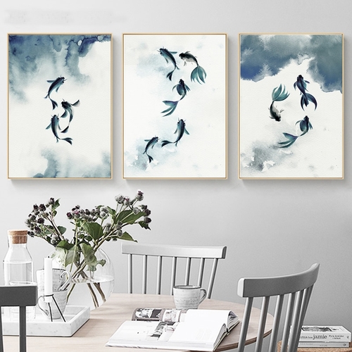 Fish Ink Painting Blue Watercolour Canvas