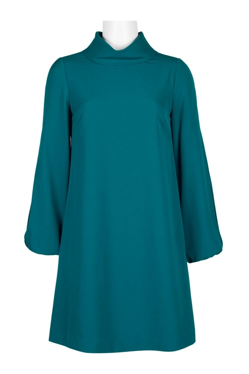 Tahari ASL High Neck Slit Long Sleeve Zipper Back Solid Crepe Dress