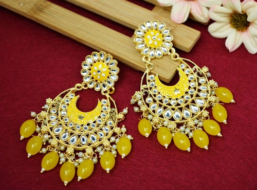Traditional Kundan Gold Plated Yellow Pearl Drop Earrings Jewellery