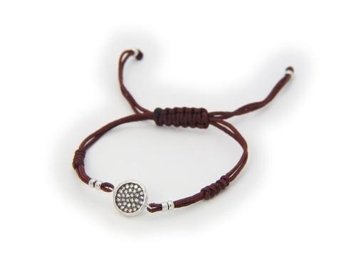 Fronay 212282 Brown Cord Disk Cubic Zirconia Silver Bracelet