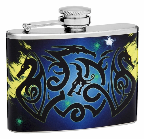 4oz Dueling Dragons Hip Flask, Gift Box, Funnel and Shot Glasses