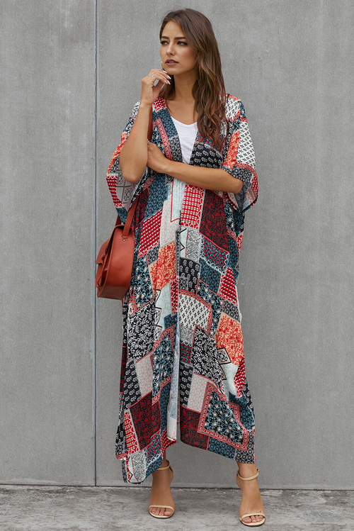 Geometric Plaid Bohemian Style Tie Kimono