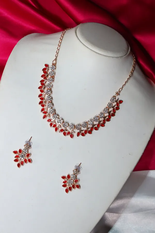 Red Premium Stylish Gold Plated Jewellery Set With Earring
