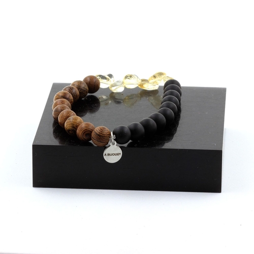 Citrine from Brazil + Matte Black Onyx + wood Bracelet 8 mm Beads.