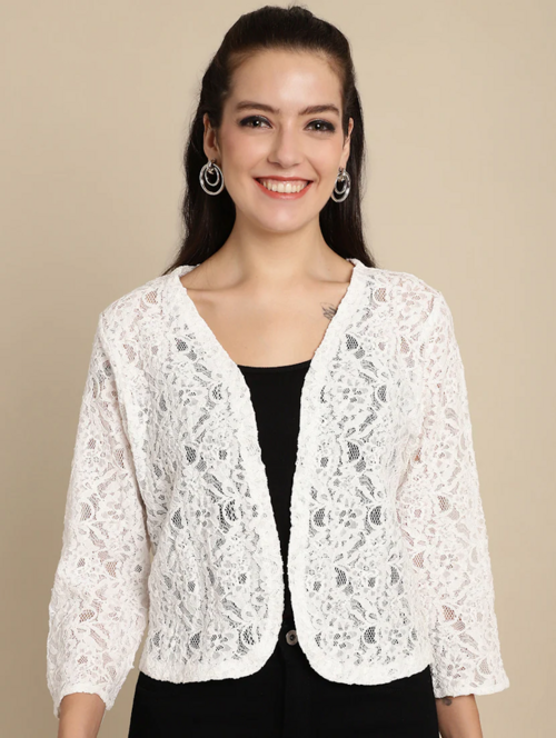 Women Self Design Net Regular Shrug(SizeXL)(ColorWhite)