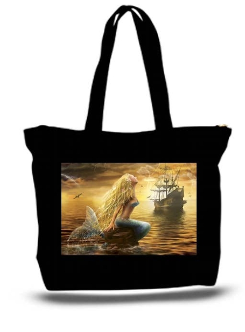 Young Mermaid At Sunset Large Tote Grocery & Stuff Bag