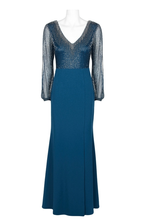Adrianna Papell V-Neck Embellished Slit Long Sleeve Illusion Bodycon