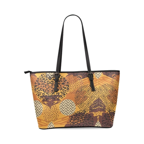 Large Leather Tote Shoulder Bag - Brown Geometric Print